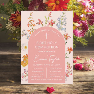 Invitation Première communion fille Fleurs sauvages Arche ros