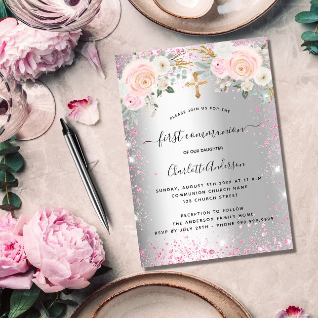 Invitation Première communion fille florales rose argent bril (Créateur téléchargé)