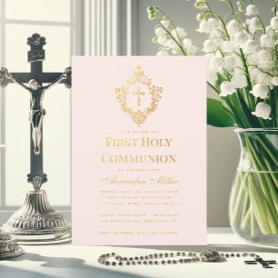 Invitation Première communion Fille Rose Blush Crête Faux Or