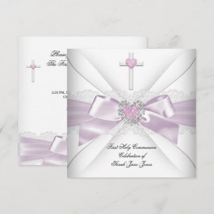 Invitation Première communion fille rose cœur blanc commande