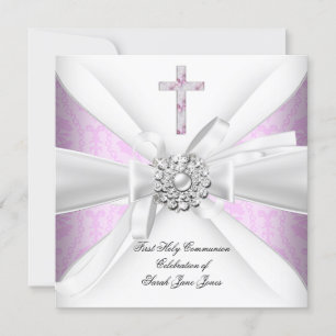 Invitation Première communion fille rose damas blanc argent