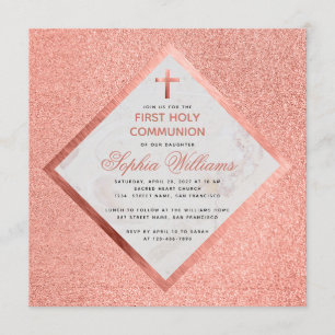 Invitation Première communion fille Rose Or Marbre Rose Paill