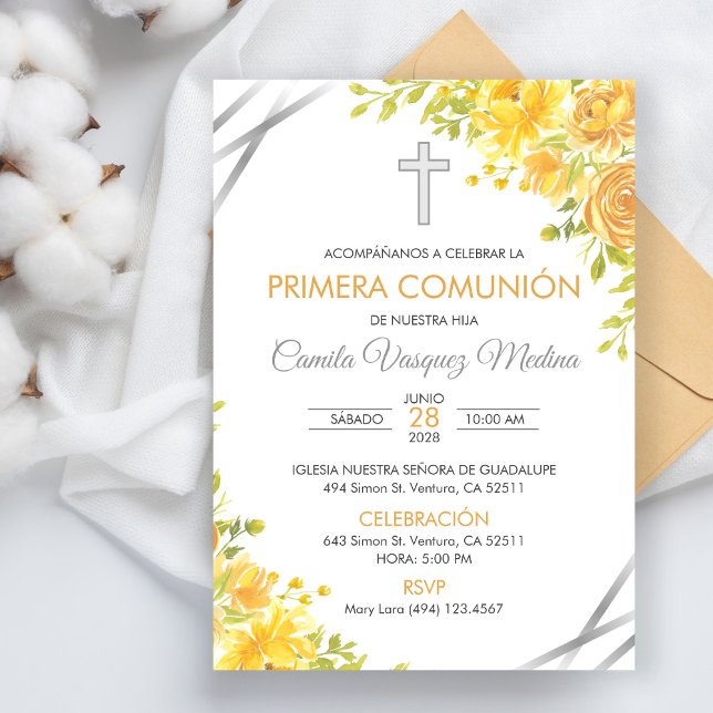 Invitation Première Communion Fleurs Jaunes Mignon (Créateur téléchargé)