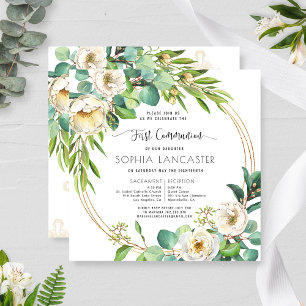 Invitation Première communion Floral blanc et verdure