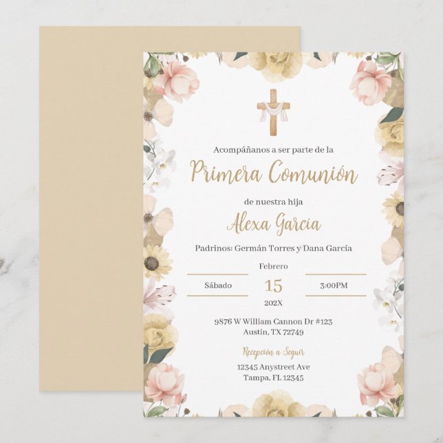 Invitation Première communion florale beige (Devant / Derrière)