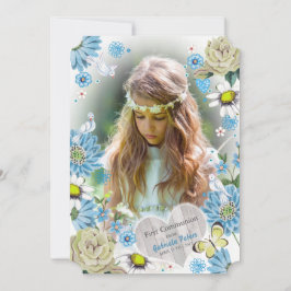 Invitation Première communion florale bleue et verte élégante