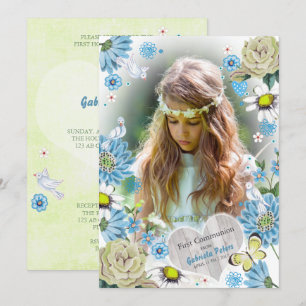 Invitation Première communion florale bleue et verte élégante