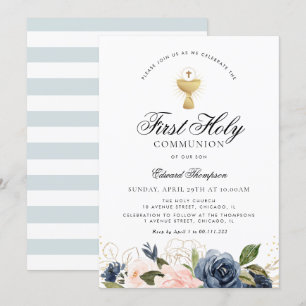 Invitation Première communion florale brune et marine