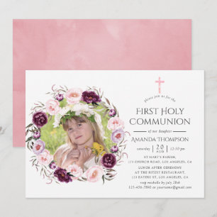 Invitation Première communion florale en velours profond et r