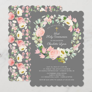 Invitation Première communion florale rose chic et élégant