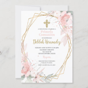 Invitation Première communion florale rose espagnole
