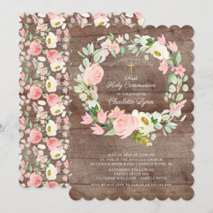 Invitation Première communion florale rose rose rouge rustiqu