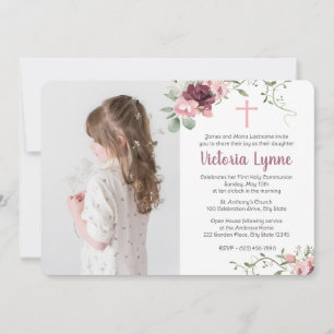 Invitation Première communion Flore rose pâle avec photo