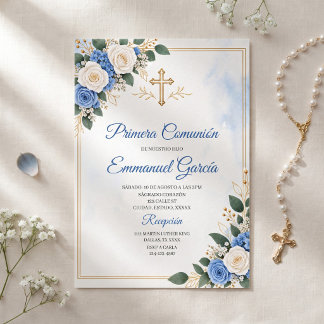Invitation Première Communion Garçon Bleu et Doré Catholique
