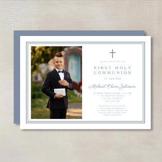 Invitation Première communion garçon croix bleu poussiéreux m