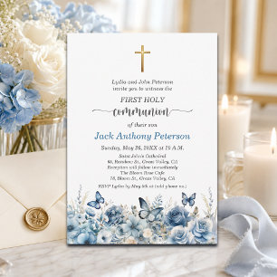 Invitation Première communion garçon Croix dorée Fleur bleue