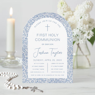 Invitation Première communion garçon motif floral bleu et bla