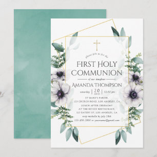Invitation Première communion géométrique Anémone Eucalyptus