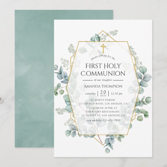 Invitation Première communion géométrique de l'Eucalyptus aqu (Devant / Derrière)