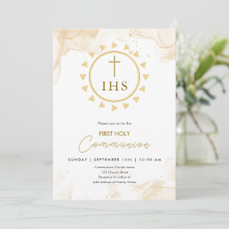 Invitation Première Communion Gold avec IHS lettrer l'invitat