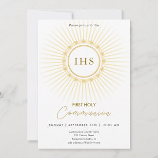 Invitation Première Communion Gold avec IHS lettrer l'invitat