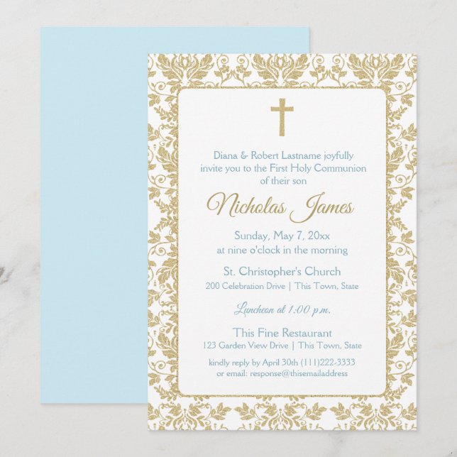 Invitation Première communion Gold Damask avec Blue (Devant / Derrière)