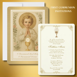 Invitation Première communion Jésus Floral Vintage