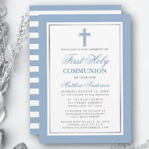 Invitation Première Communion Lumière Bleu Argent rayé