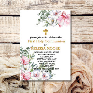 Invitation Première Communion magnolia rose fleurs blanches