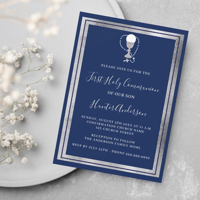 Invitation Première communion marine bleu argent chalice hôte (Créateur téléchargé)