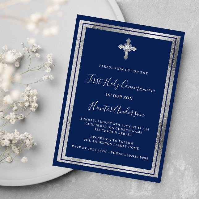 Invitation Première communion marine bleu argent croix luxe (Créateur téléchargé)