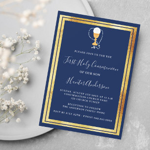 Invitation Première communion marine en or bleu chalice hôte 