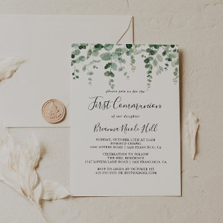 Invitation Première communion minimaliste des eucalyptus