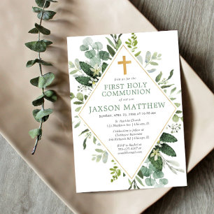 Invitation Première Communion moderne eucalyptus simple