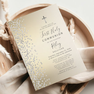 Invitation Première communion ombré or confettis argentés