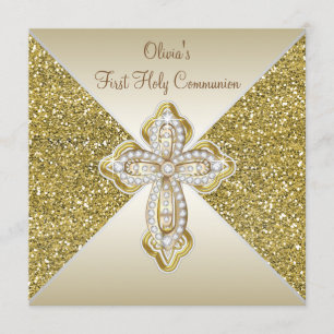 Invitation Première communion paillettes dorées