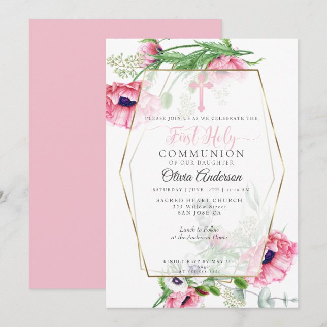 Invitation Première communion | Pavois roses et feuillage (Devant / Derrière)