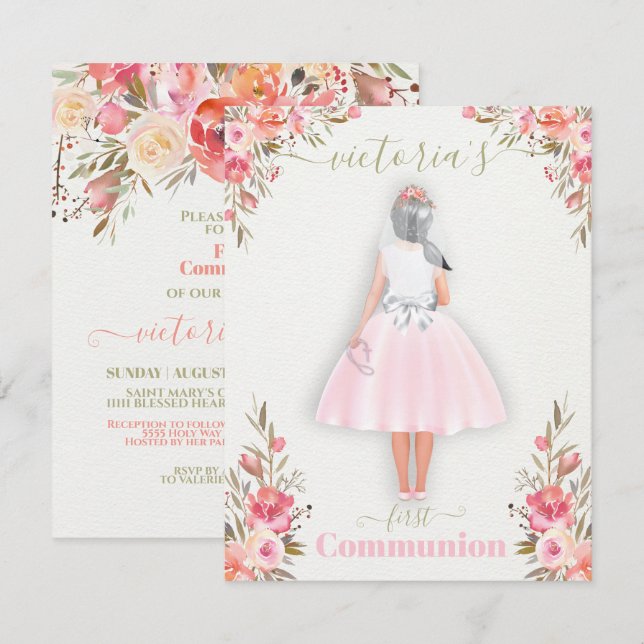 Invitation Première Communion personnalisée Portrait Girl (Devant / Derrière)