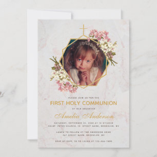Invitation Première Communion Photo Or Marbre Orchidées rose