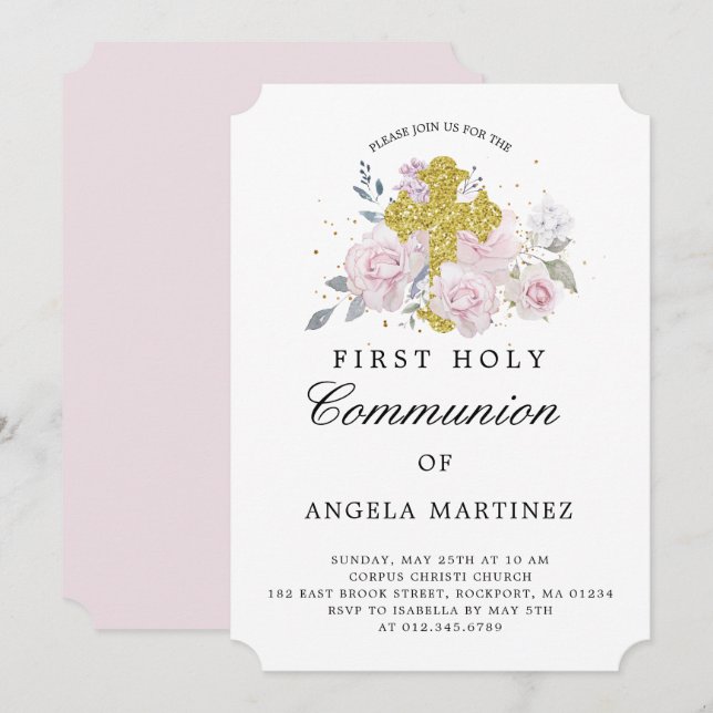 Invitation Première Communion Pink Floral Gold Cross Invitati (Devant / Derrière)
