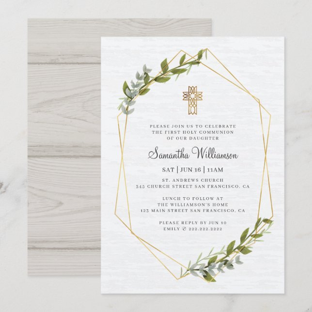 Invitation Première Communion Pour Sa Flore Géométrique Rusti (Devant / Derrière)