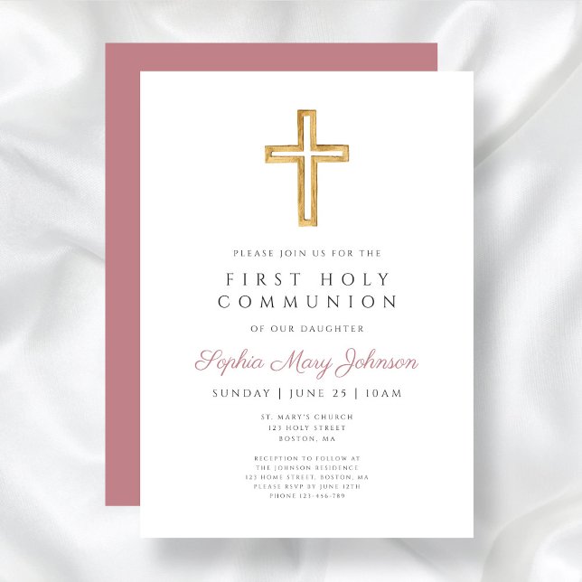 Invitation Première communion religieuse de fille rose rouill (Modern Dusty Pink Religious Girl First Communion Invitation)
