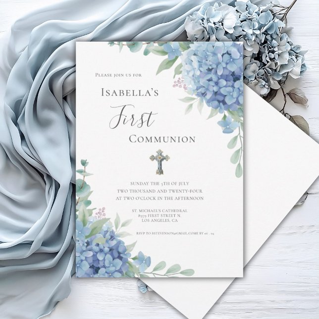 Invitation Première communion religieuse Hydrangea Bleue  (Créateur téléchargé)