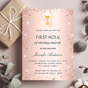 Invitation Première communion rose chalice or hôte luxe