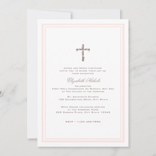 Invitation Première communion rose douce et Brown (Devant)
