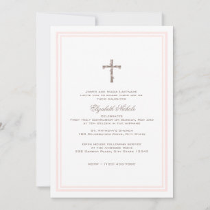 Invitation Première communion rose douce et Brown