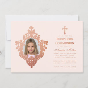Invitation Première Communion rose fille photo Rose Vintage o