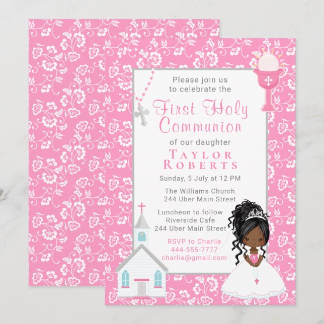 Invitation Première communion rose floral noir cheveux fille  (Devant / Derrière)