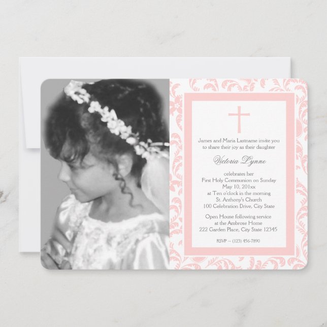 Invitation Première communion rose florale avec photo (Devant)