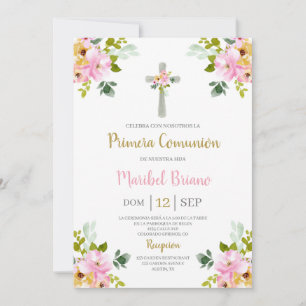 Invitation Première communion rose florale Espagnol